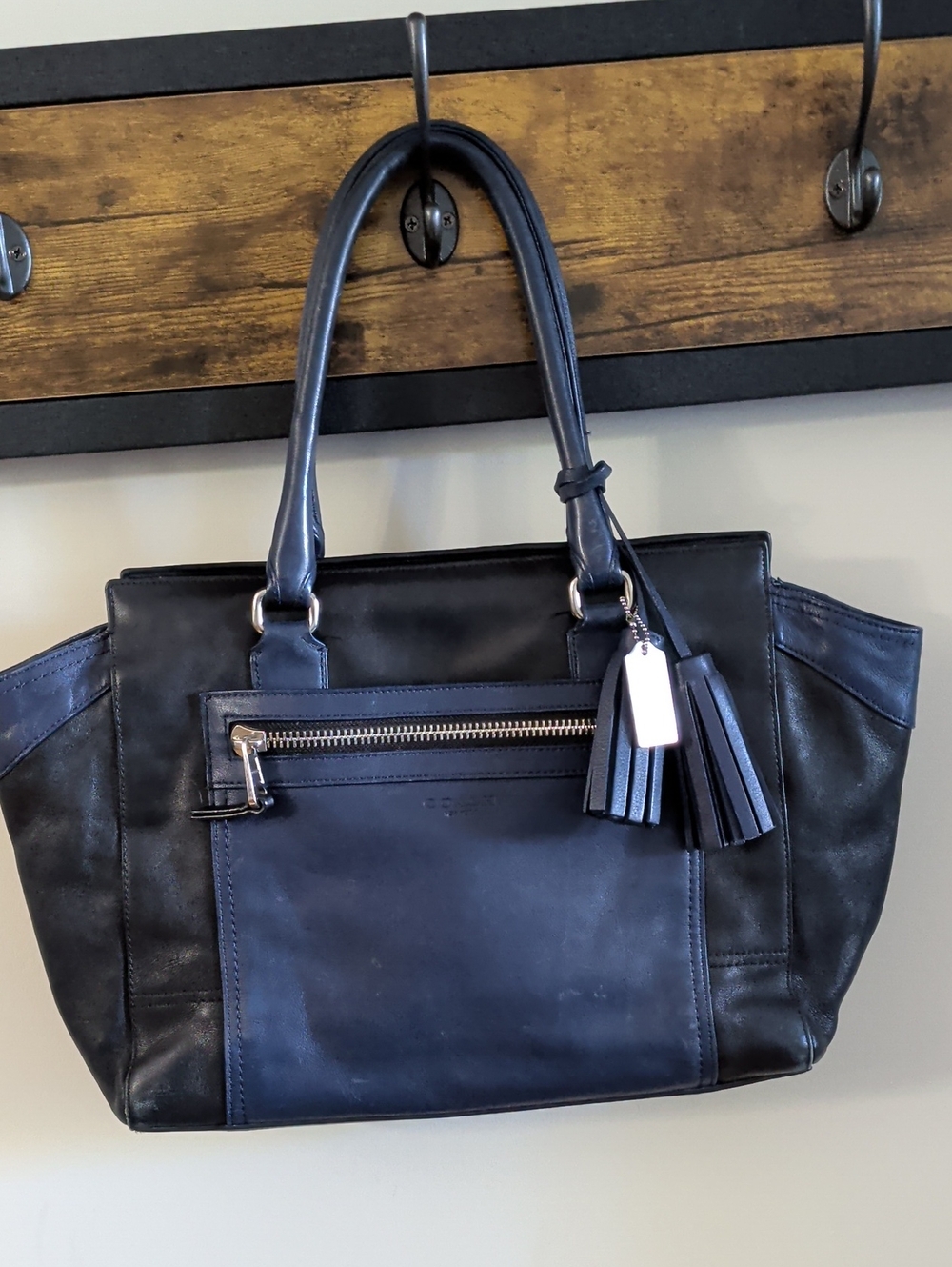 Coach Navy and Black Leather Tote with Tassel Charm